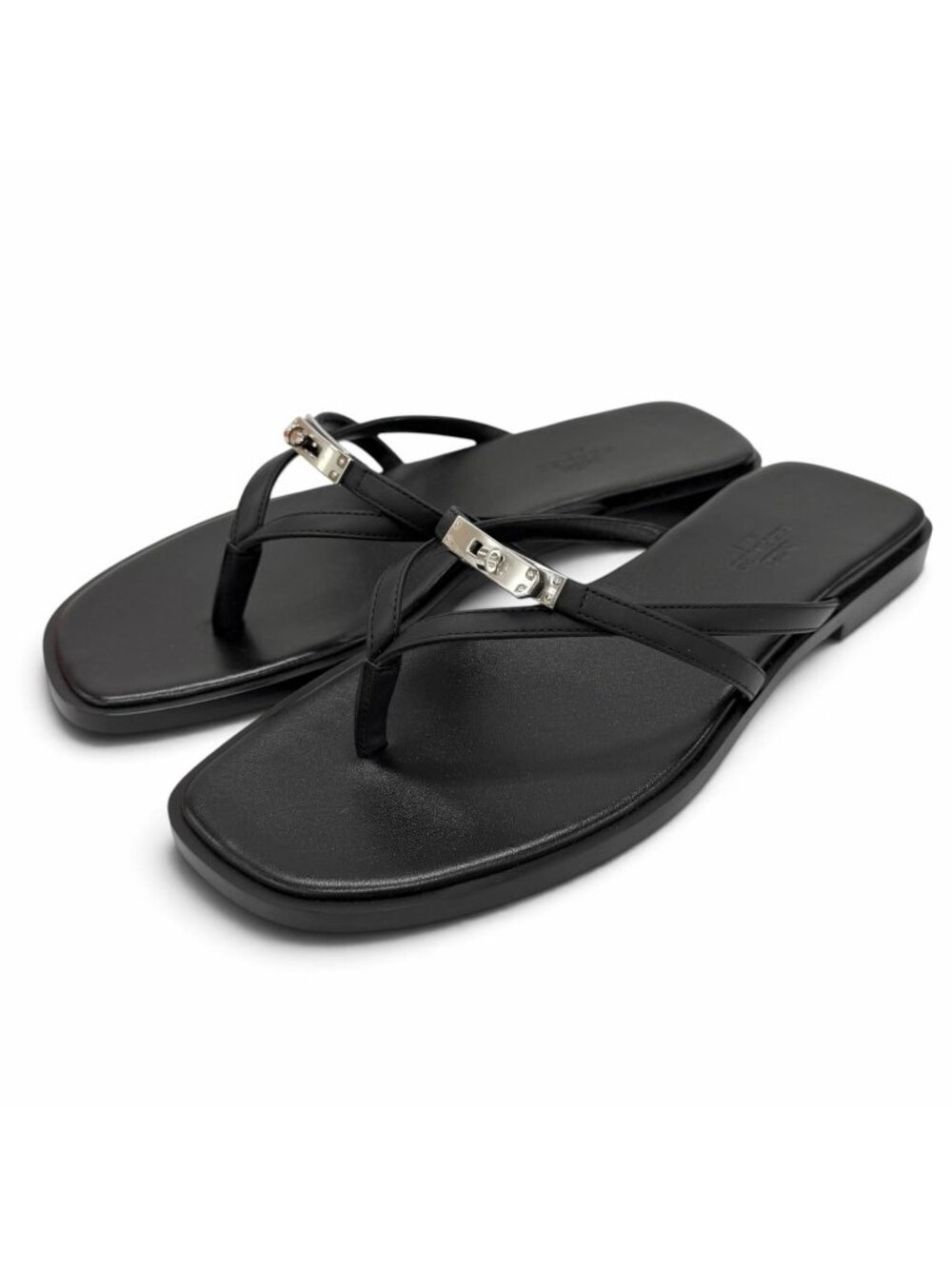 Hermes Sandals Miss Leather Silver Kelly Buckle Black